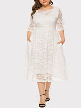 Plus size white lace midi dress with pockets
