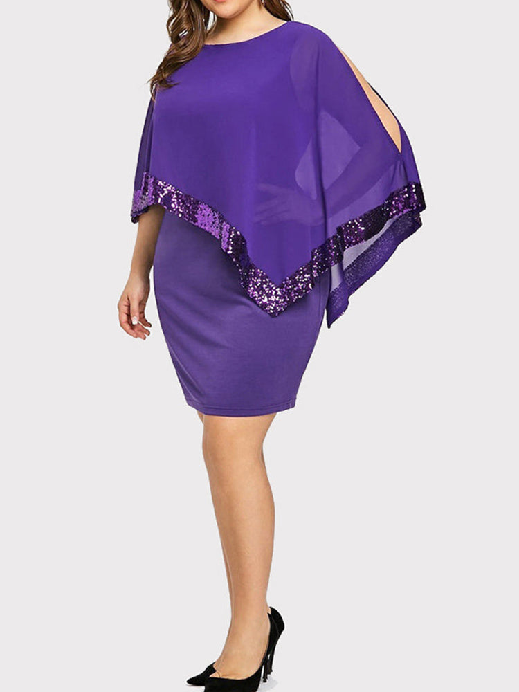 Model wearing a purple sequined cape dress from the side