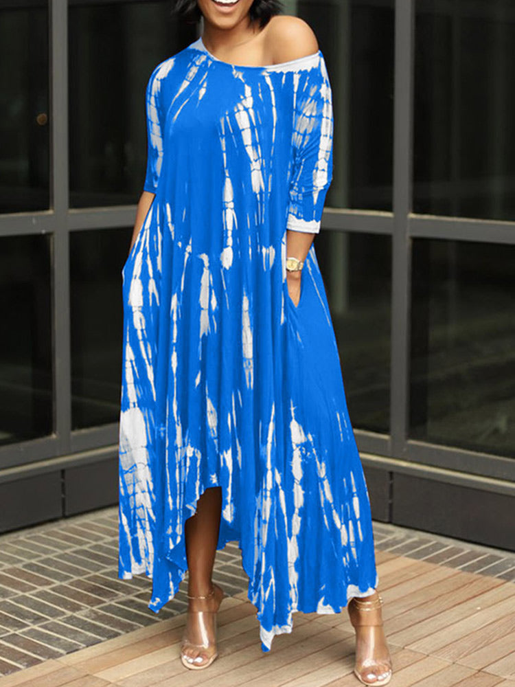 Tie dye print maxi dress with off-the-shoulder neckline and asymmetrical hem - View 15 | Lwiis