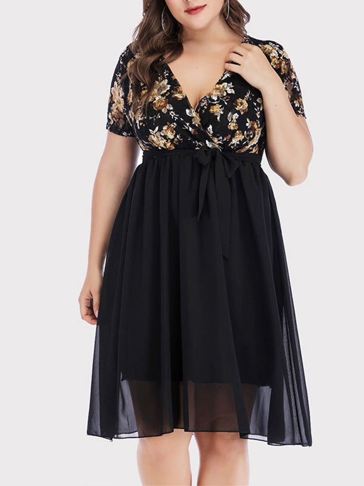 Floral Lace V-Neck Chiffon Party Dress - View 6 | Lwiis