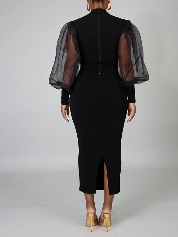 Elegant long sleeve mesh midi dress with bishop sleeves - View 7 | Lwiis