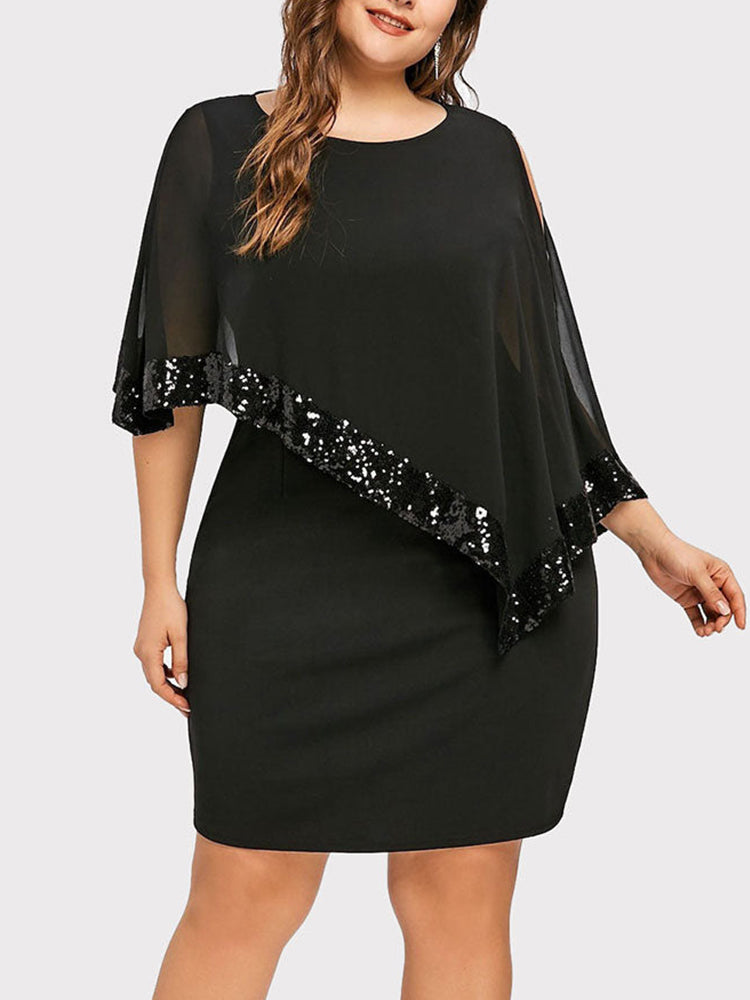 Asymmetric Sequins Dress with Cape Overlay - View 8 | Lwiis