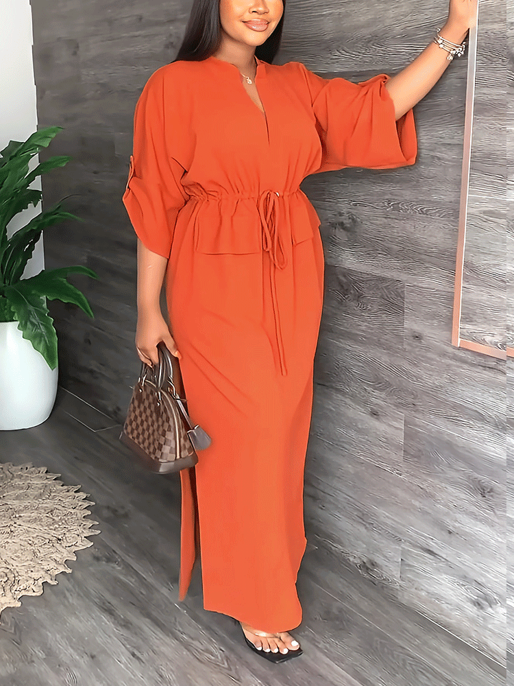 V-neck drawstring maxi dress - View 6 | Lwiis
