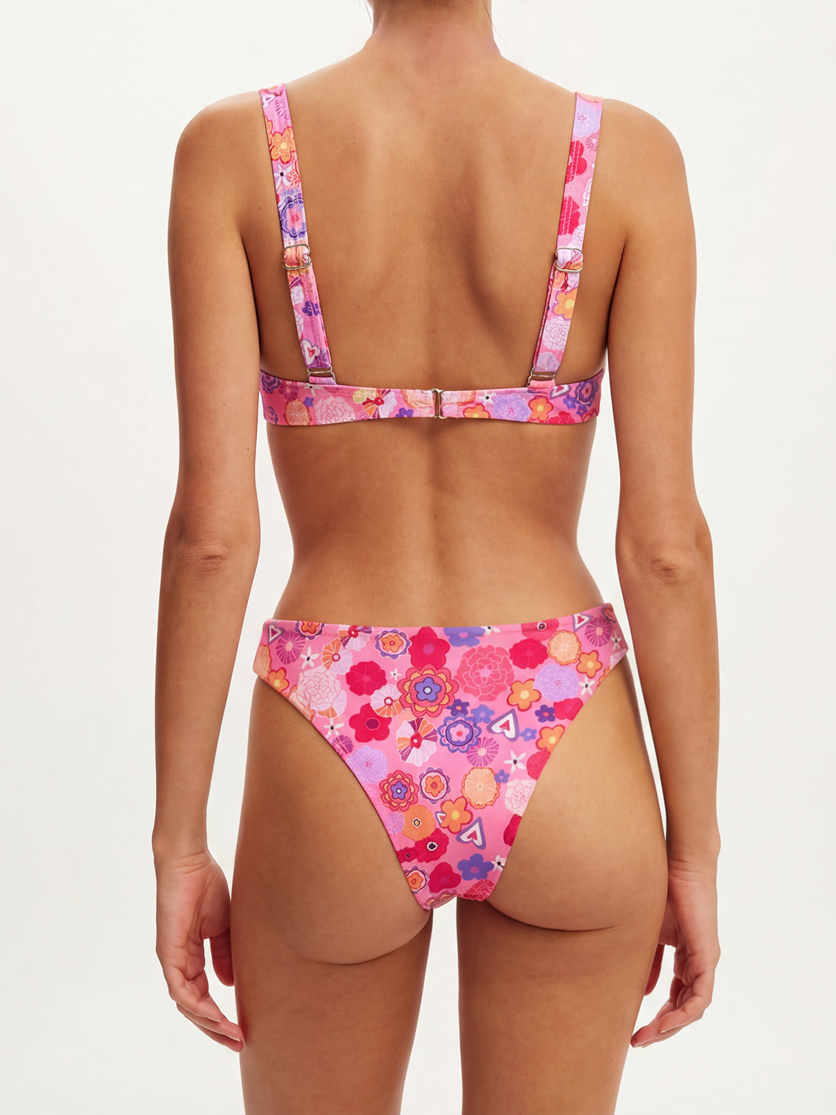 Back view of pink floral print bikini top and bottom