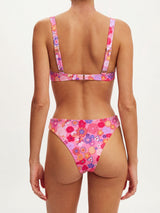 Back view of pink floral print bikini top and bottom