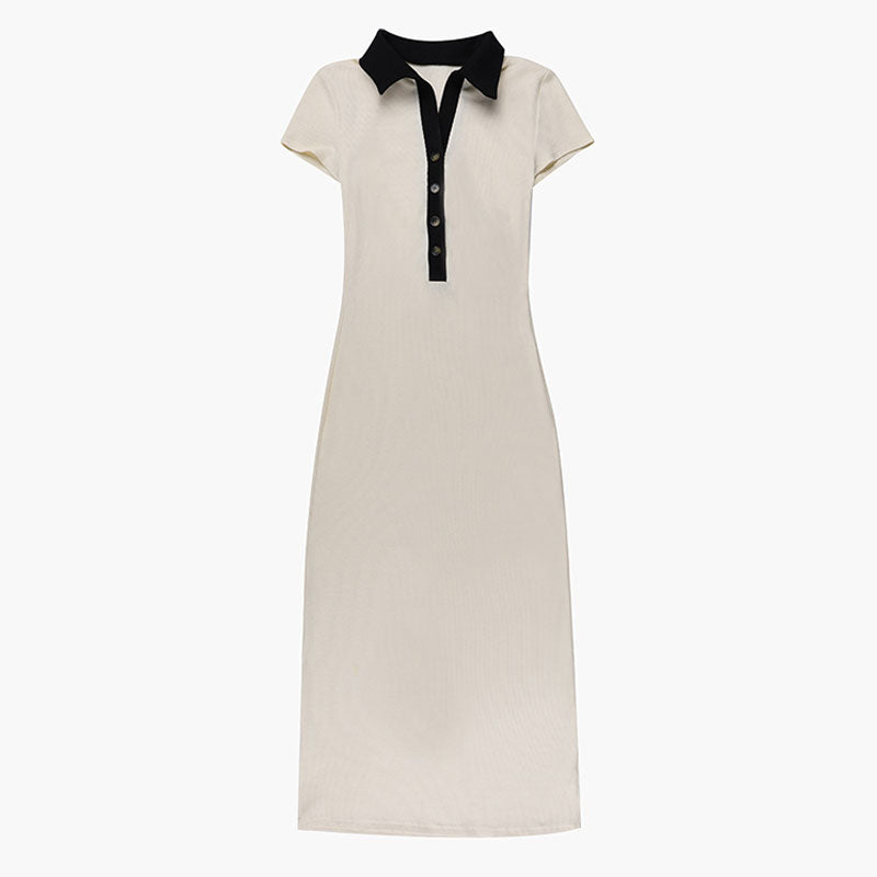 Cream knit midi dress with a black polo collar and short sleeves, featuring a button-up placket and a bodycon silhouette.