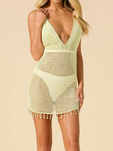 Front view of a yellow crocheted cover-up with a plunging neckline