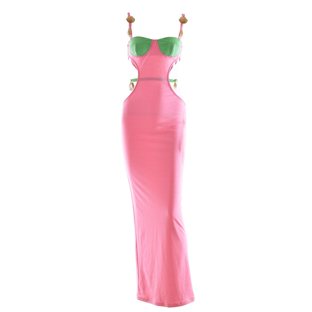 Front view of a pink and green maxi dress with cut-out details