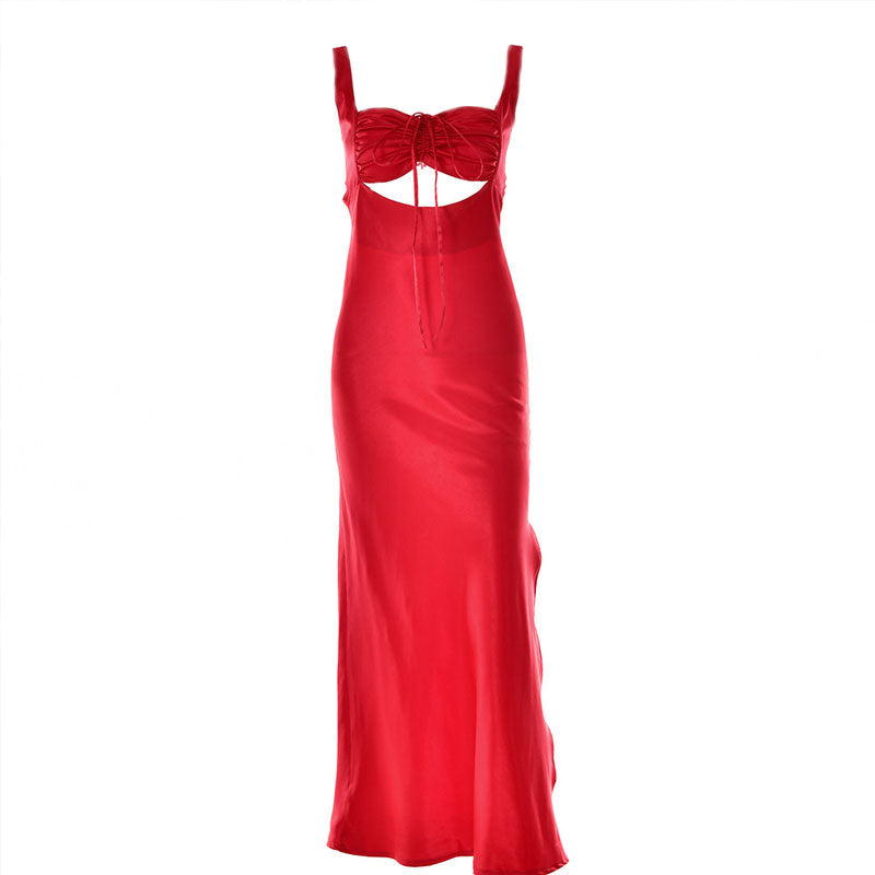 red satin slip dress with cutout and drawstring detail