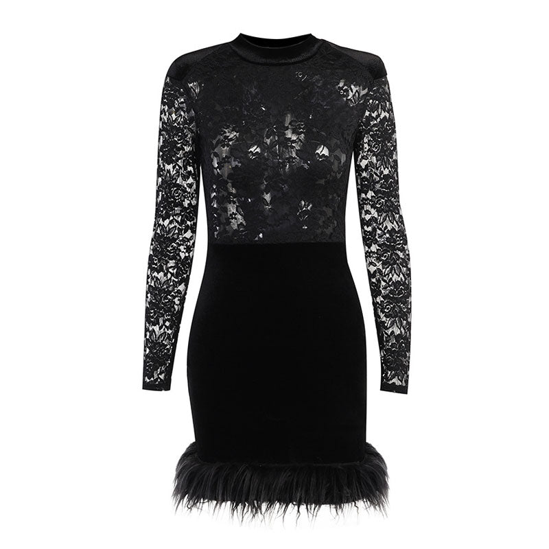 Product image of a black lace and velvet mini dress with feather trim, front view.