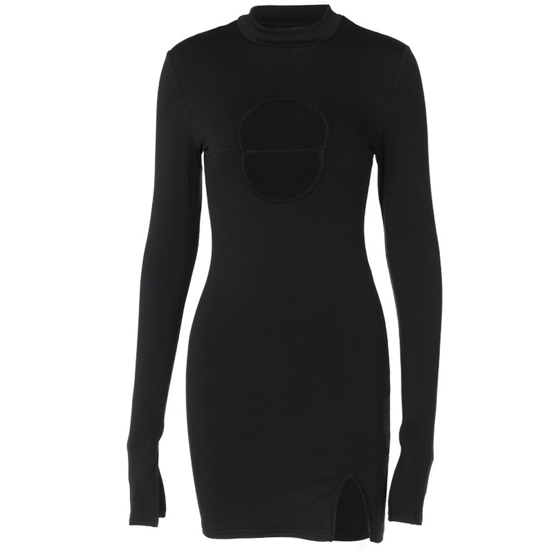 Front view of a black long-sleeve bodycon dress with a mock neck and a cut-out detail at the bust.