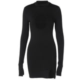 Front view of a black long-sleeve bodycon dress with a mock neck and a cut-out detail at the bust.