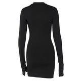 Back view of a black long-sleeve bodycon dress with a mock neck.