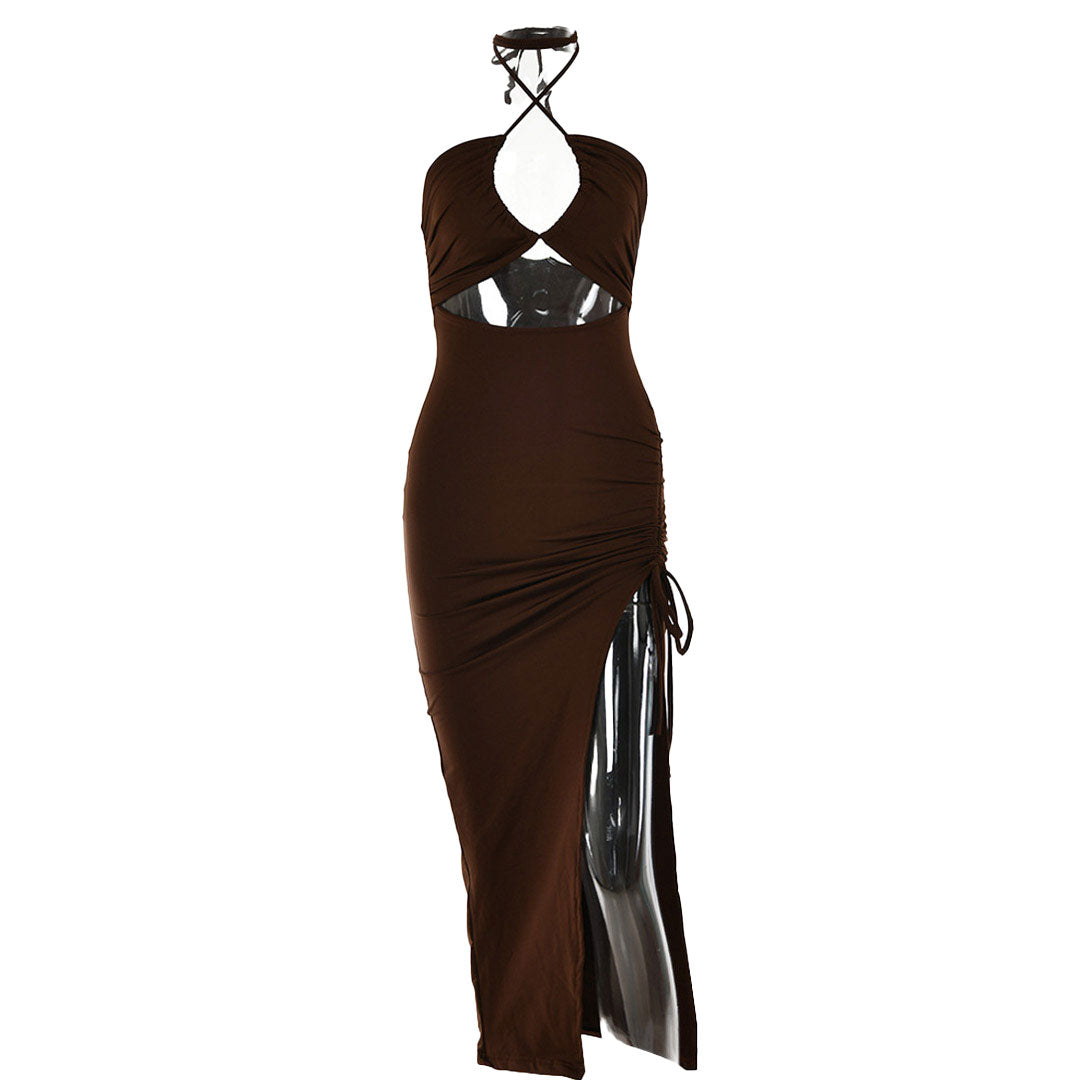 Brown ruched halter neck maxi dress with a high slit displayed on a mannequin.