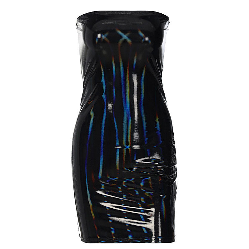 Black strapless holographic sheath dress