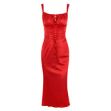 Red satin midi dress with a ruched bust and lace-up corset detail, shown flat.