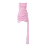magenta strapless asymmetrical dress with ruched detailing and a long flowing train