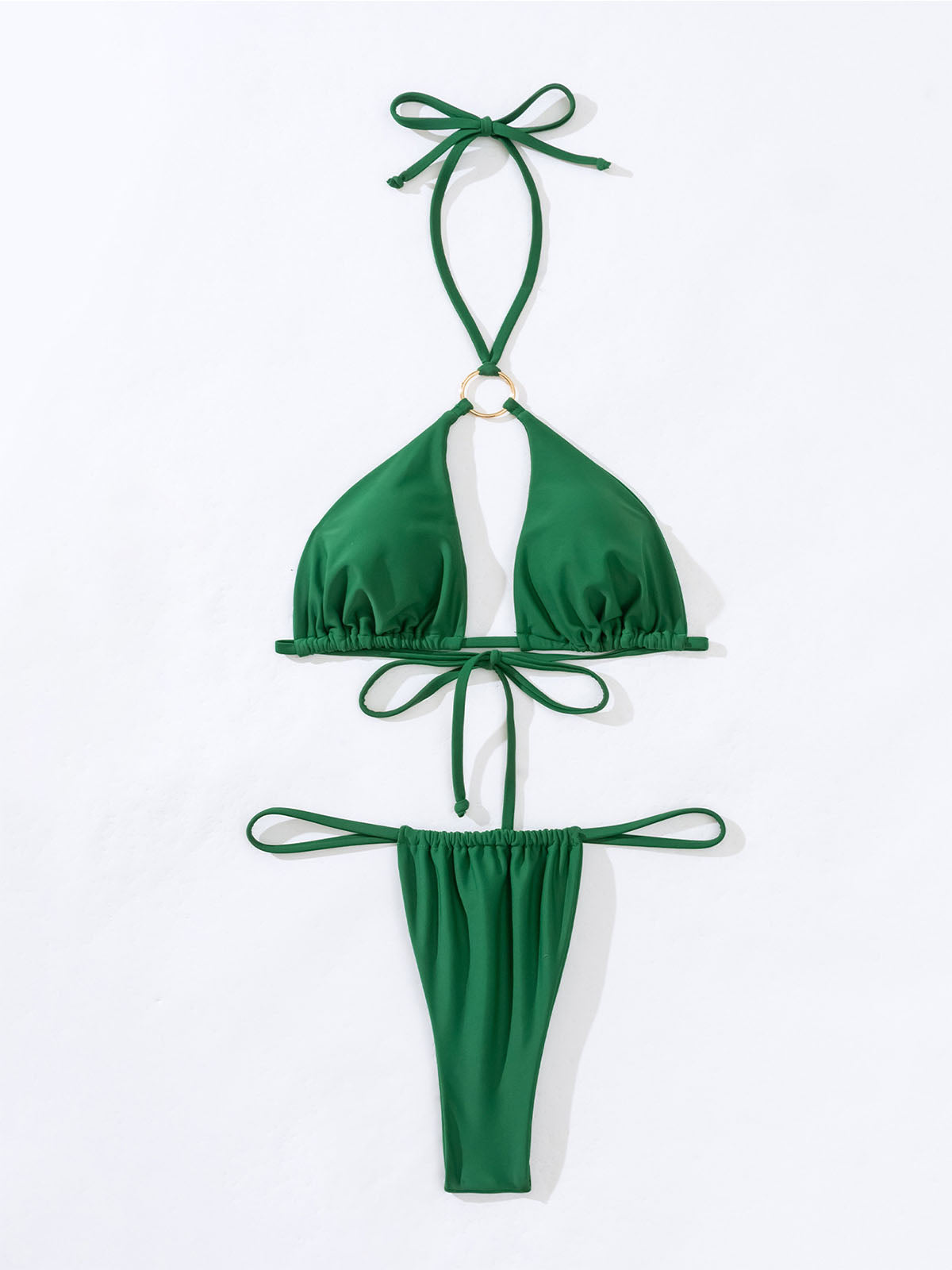 Flat lay of a green bikini top
