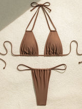 Brown bikini top and bottom laid flat