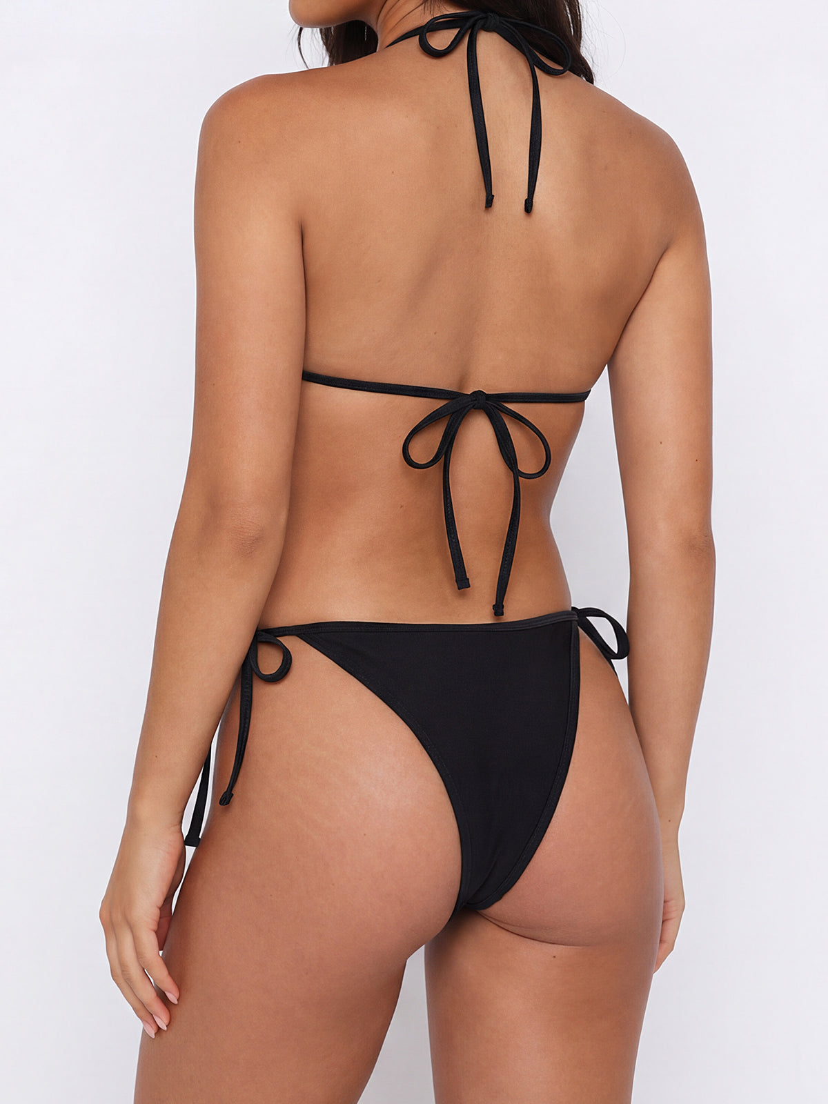 front view of black ribbed knit tie-side bikini bottoms