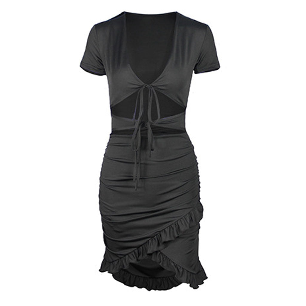 front view of a black short-sleeve ruched bodycon dress with a tie-front neckline and ruffled hem