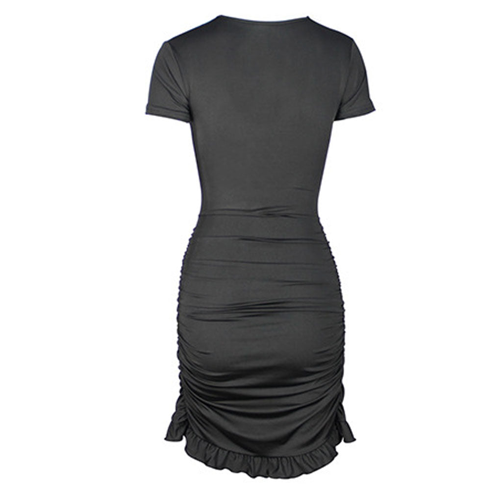 back view of a black short-sleeve ruched bodycon dress with a tie-front neckline and ruffled hem