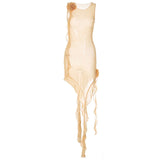 A light blue ruffled and ruched asymmetrical midi dress with flower embellishments.