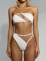 White strapless bikini with mesh cut-out details, front view