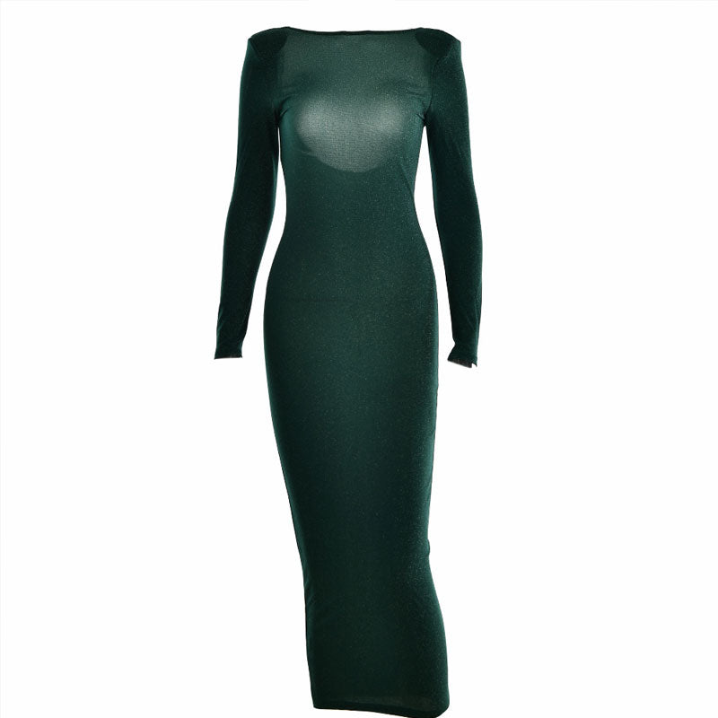 green, long-sleeved, sparkly, fitted midi dress