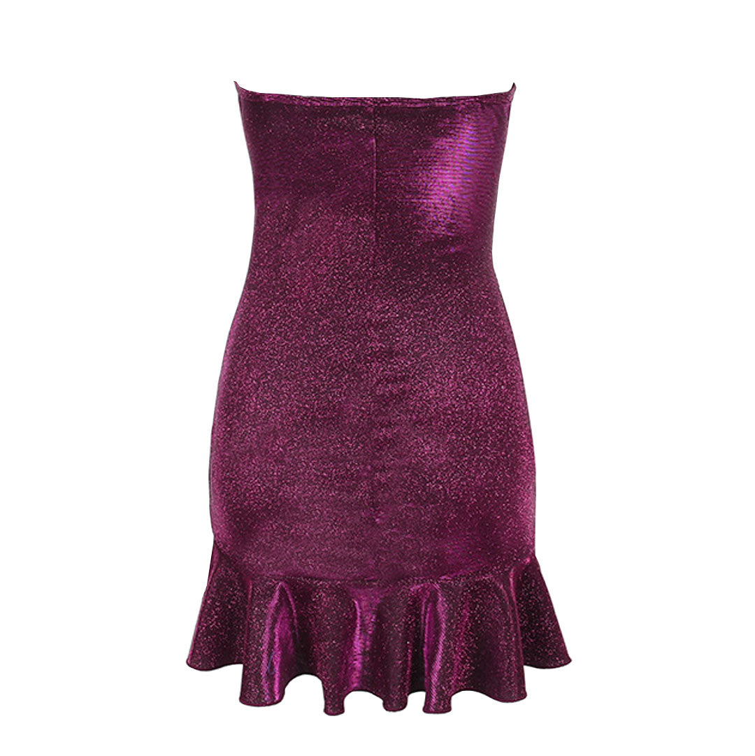 front view of a strapless purple glitter dress with ruffled hem