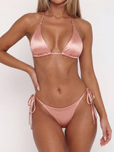 Sparkling satin triangle bikini set with adjustable tie sides - View 9 | Lwiis