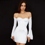 Woman in a white satin mini dress with a corset bodice and off-the-shoulder long sleeves, front view