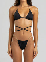Front view of a black bikini set with gold chain detailing