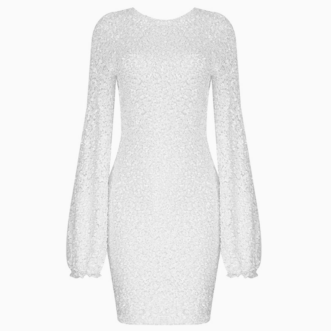 front view of a white sequined mini dress with long bishop sleeves