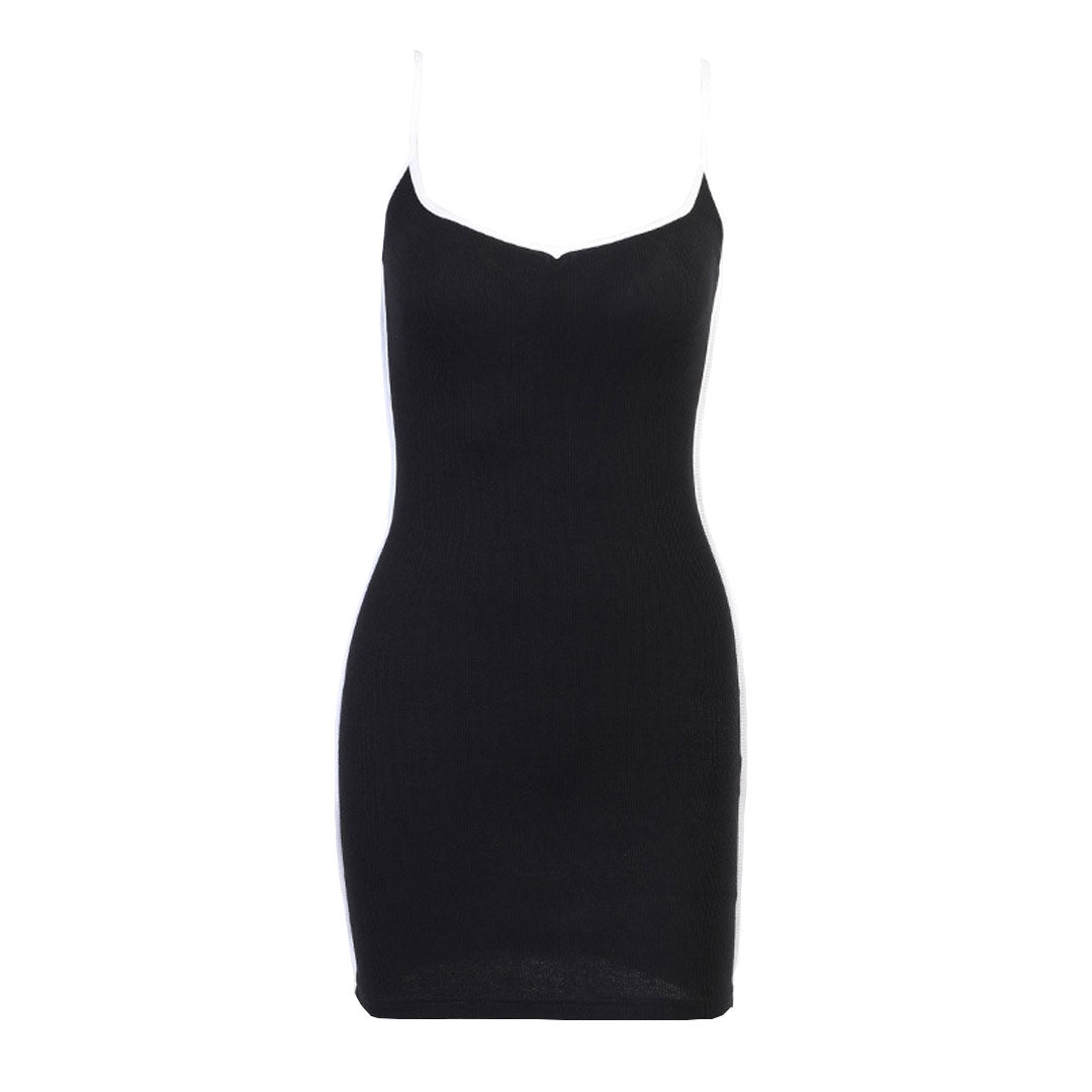 front view of a black mini dress with white spaghetti straps and side trim