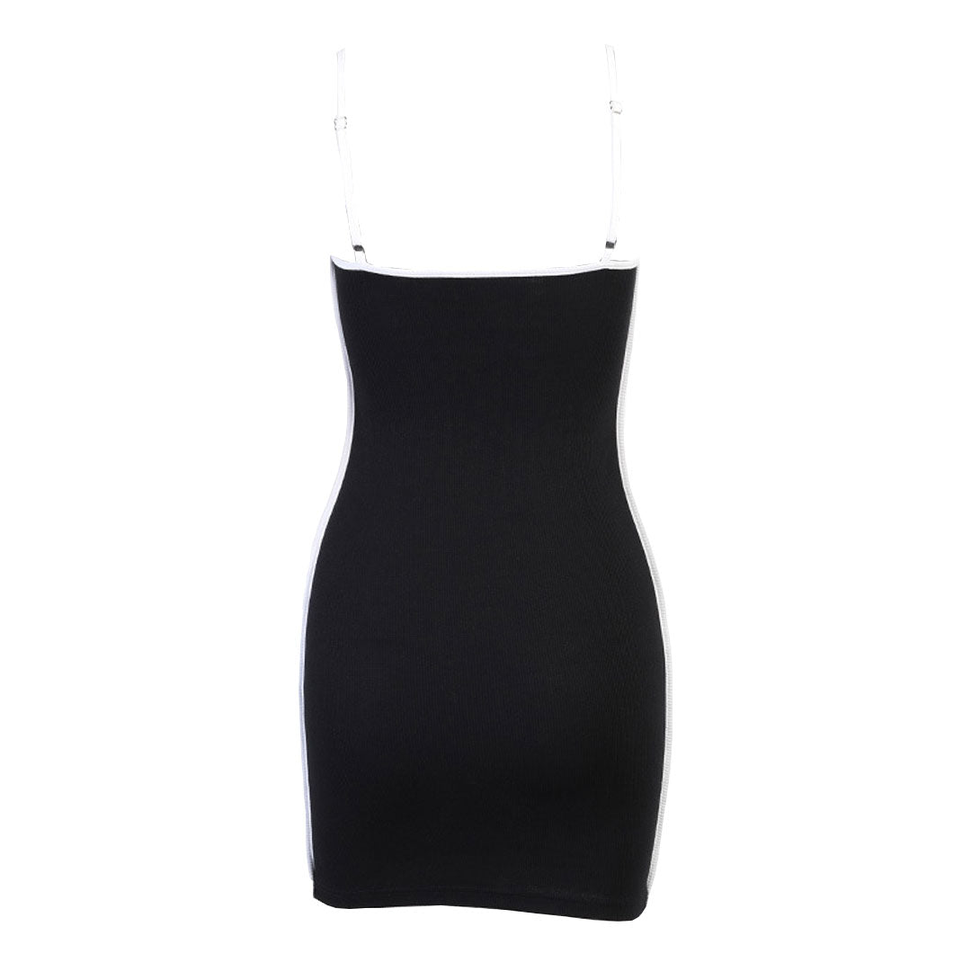 back view of a black mini dress with white spaghetti straps and side trim