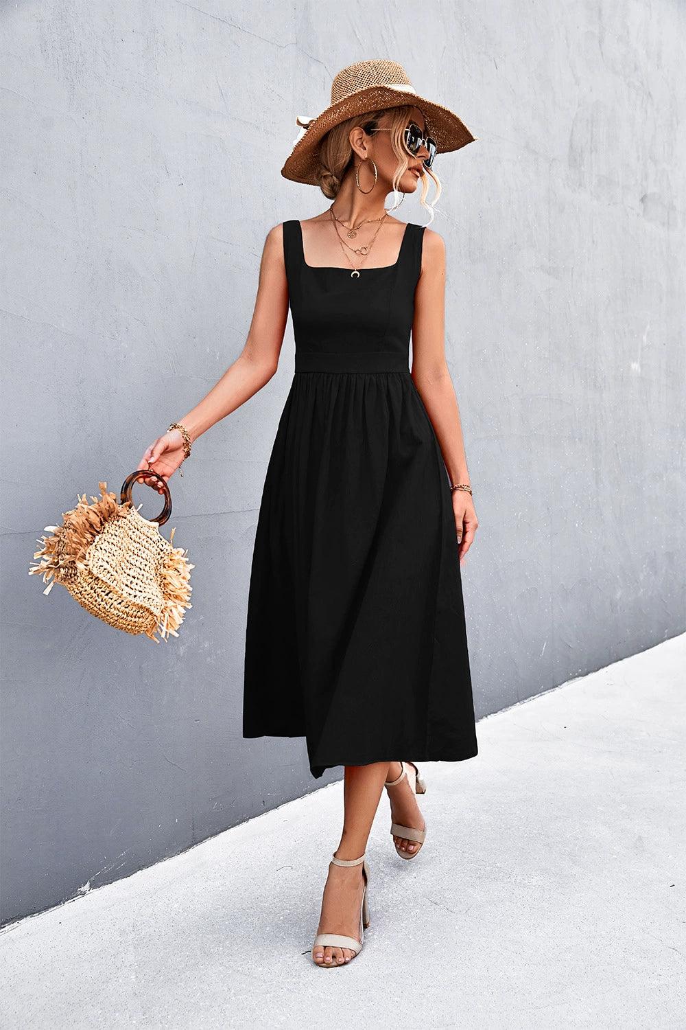 Smocked Square Neck Midi Dress - View 6 | Lwiis