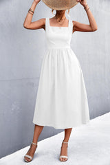 Smocked Square Neck Midi Dress - View 8 | Lwiis