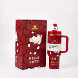 Stanley x Hello Kitty Quencher H2.0 Tumbler in red, showcasing the lid and handle