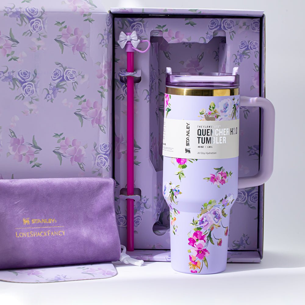 Stanley Quencher H2.0 Tumbler with floral print, straw, and pouch inside a gift box