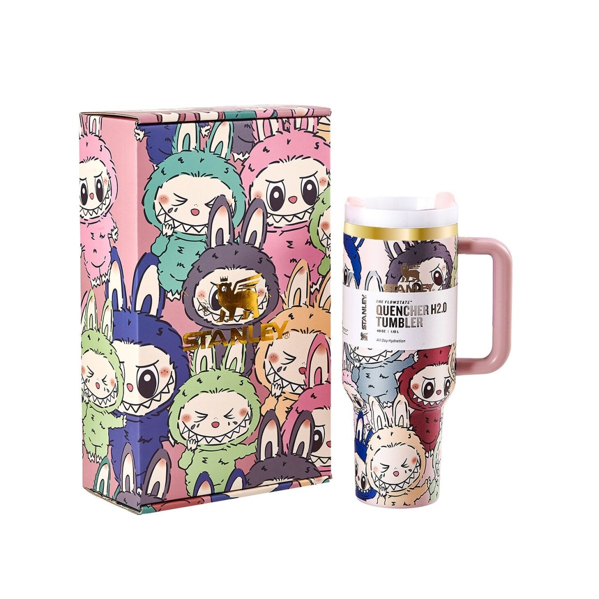 Stanley Quencher H2.0 Tumbler and its matching gift box, both featuring cartoon character designs