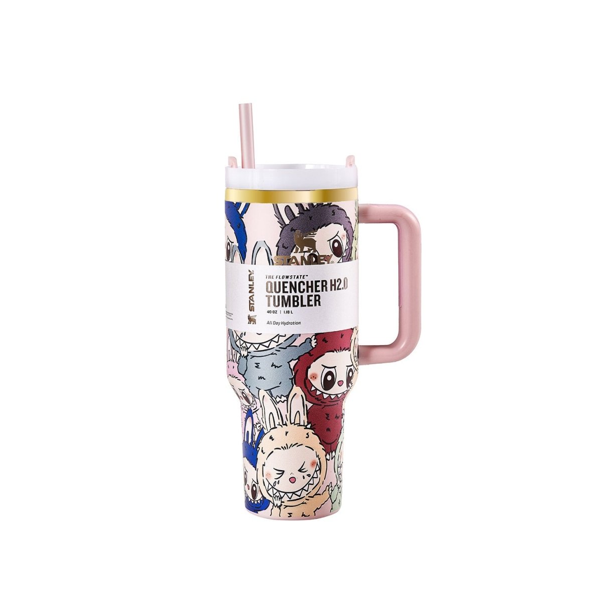 Stanley Quencher H2.0 Tumbler with a pink straw inserted, showing the cartoon character design