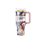 Stanley Quencher H2.0 Tumbler with cartoon character design and pink handle