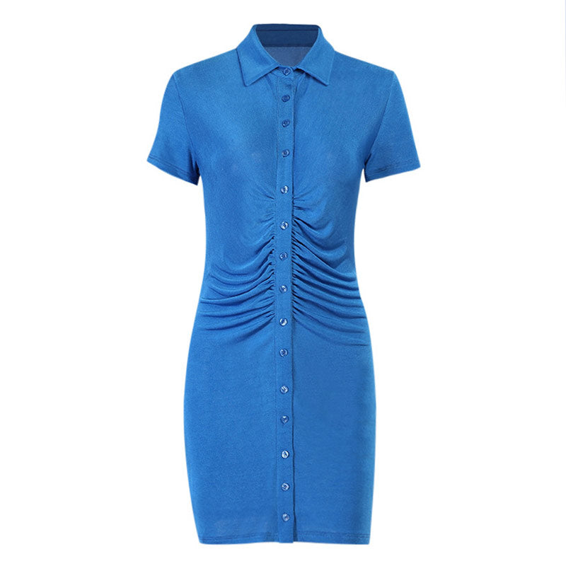 Blue ruched shirt dress laid flat, front view