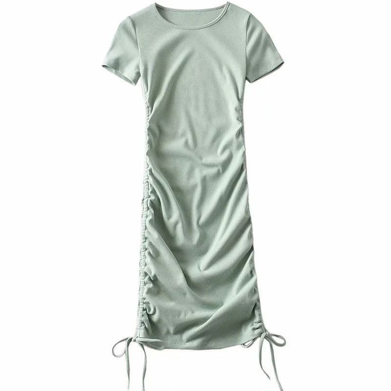 light green ruched short sleeve dress laid flat
