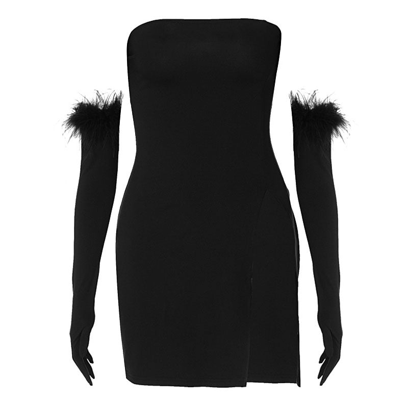 Strapless mini dress with feather trim - View 6 | Lwiis