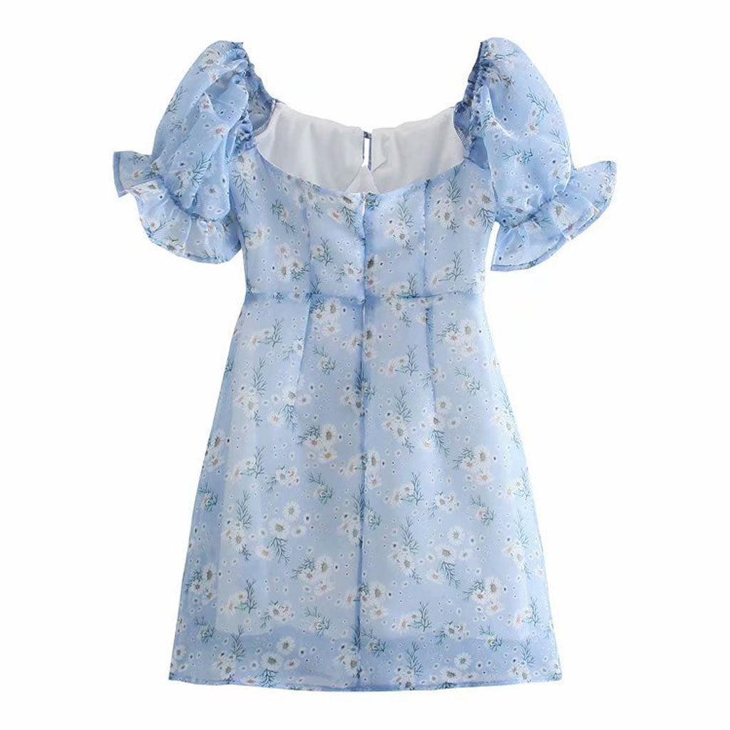 front view of a light blue floral mini dress with puffed sleeves