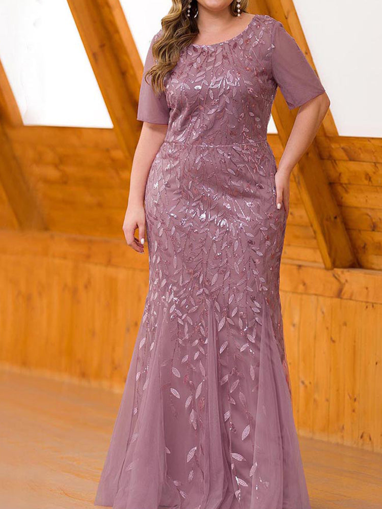 Sequin leaf pattern mermaid maxi dress with scoop neck - View 9 | Lwiis