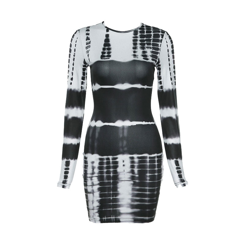 front view of a black and white tie-dye long-sleeved mini dress