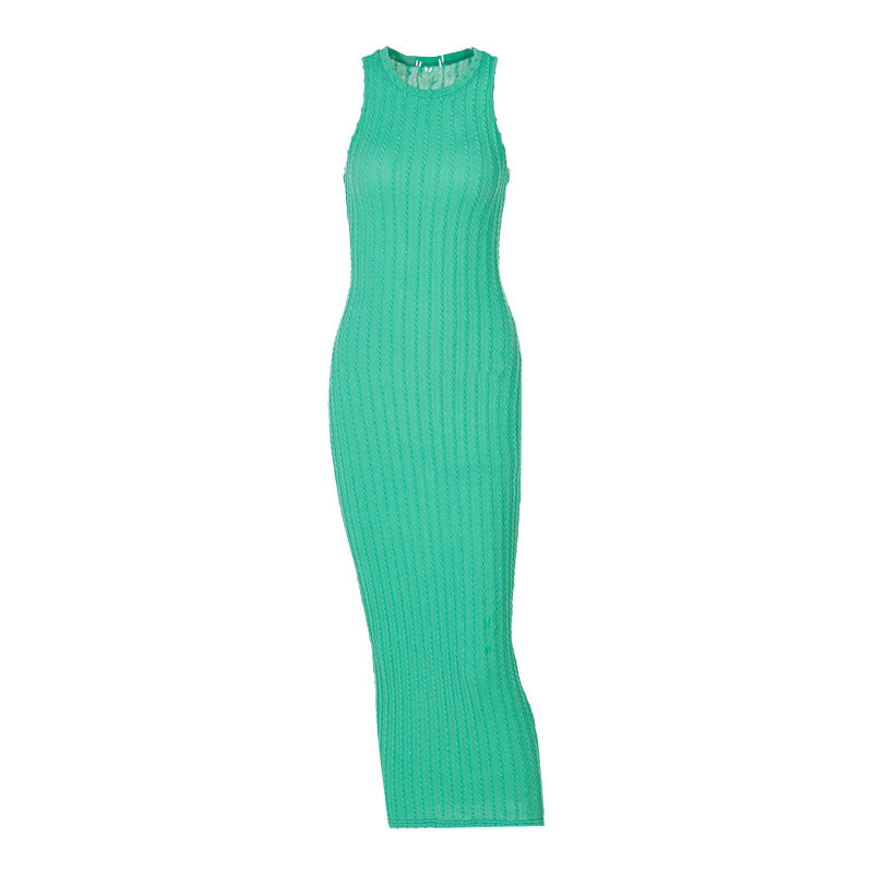 Green sleeveless midi dress with a ribbed texture and cable knit detailing, laid flat.